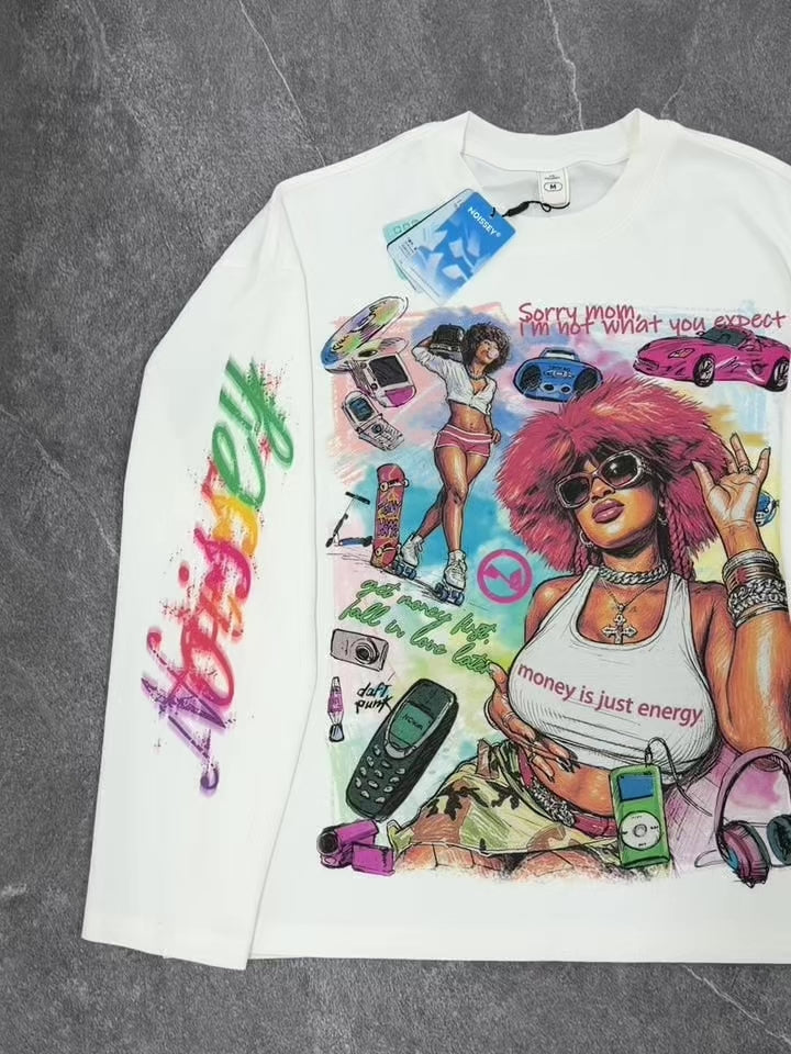 NOISSEY Y2K Retro Graffiti Female Portrait Long-Sleeve Sweatshirt - Pure White / Classic Black