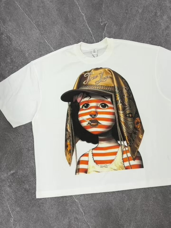 NOISSEY True Love Orange Striped Cartoon Doll Boxy Tee