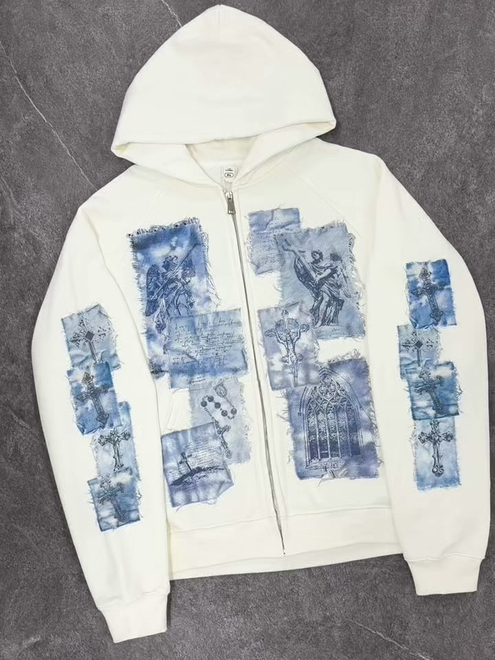 NOISSEY Cyanotype Patchwork Angel Cross Graphic Full-Zip Hoodie - White Streetwear Hoodie