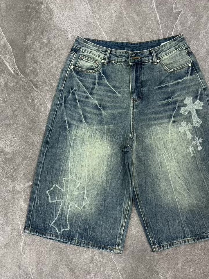 NOISSEY "Gothic Cross" Rhinestone Bleach-Washed Denim Shorts - High-Street Wide-Leg 2 Colors