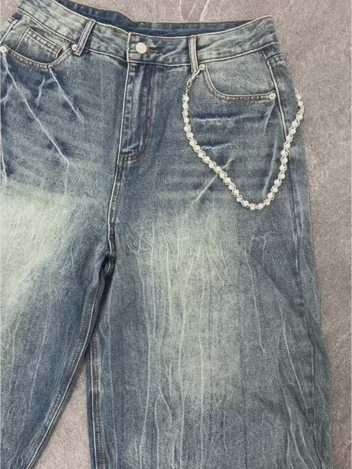 NOISSEY Vintage Distressed Denim Shorts with DIY Pearl Chain - Onyx Black & Heritage Blue