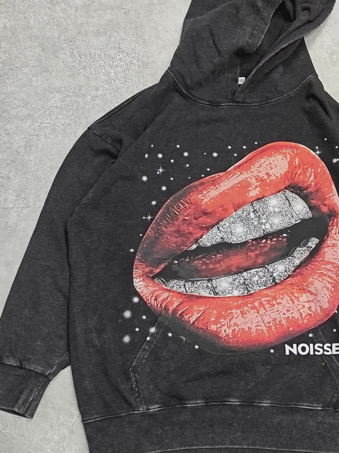 Dazzling Red Lips Starry Print 350g Black Washed Hoodie