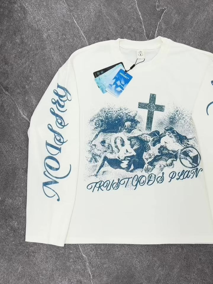 NOISSEY "Trust God's Plan" Archival Print Crewneck – Vintage Blue Oversized Long Sleeve