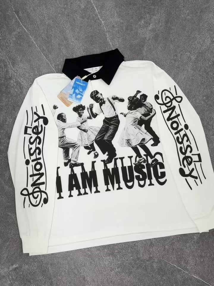 NOISSEY Vintage Music Party Monochrome Art Long Sleeve Polo Long Sleeves
