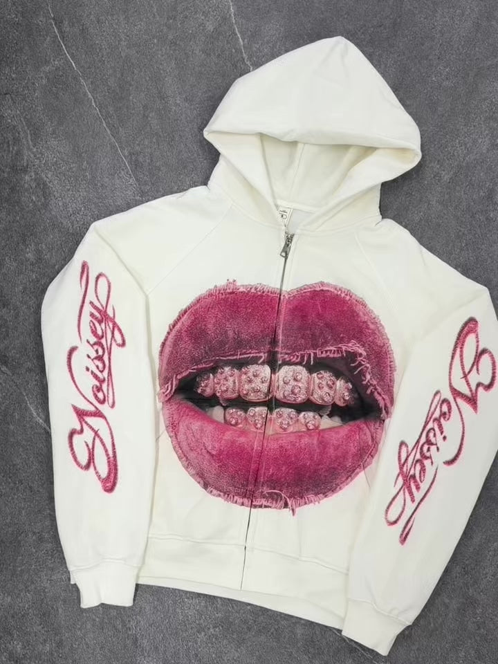 NOISSEY Faux-Distressed Pink Lips &amp; Iced-Out Grillz Zip-Up Hoodie - Pearl White