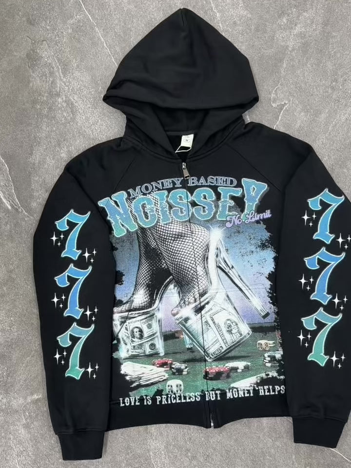 NOISSEY Casino Money High Heel Graphic Heavyweight Zip-Up Hoodie - Black Streetwear Sweatshirt