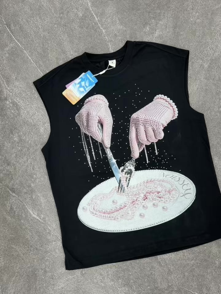 NOISSEY Pink Pearl Plate &amp; Iced Gloves Rhinestone Graphic Vest - Jet Black