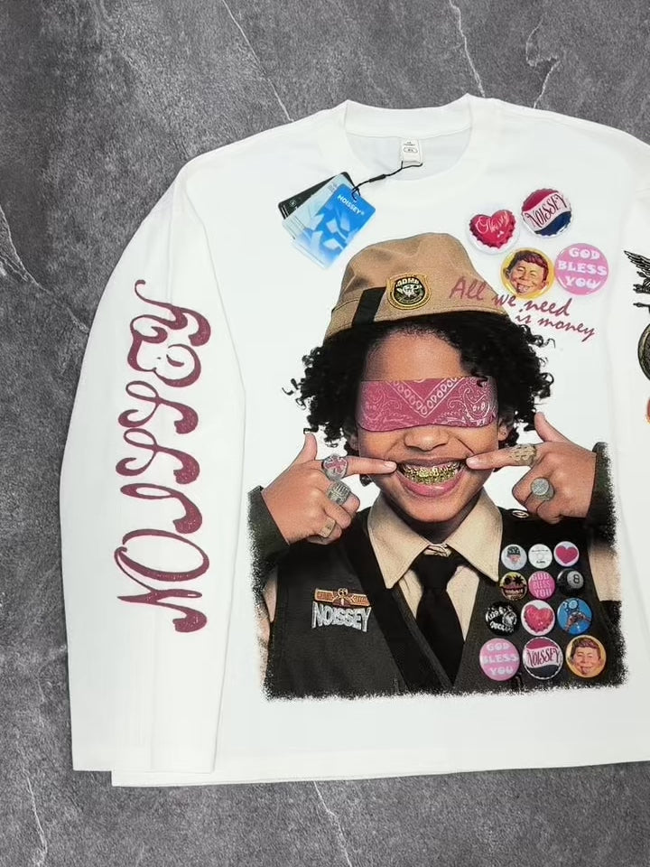 NOISSEY "Money Scout" Blindfolded Grillz Boy Asymmetric Sleeve Graphic Shirt
