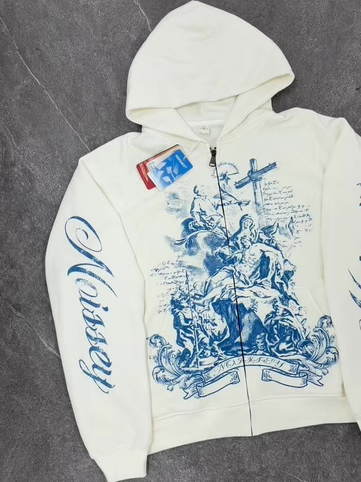 NOISSEY "Divine Grace" Blue Baroque Religious Cross Zip-Up Hoodie - White