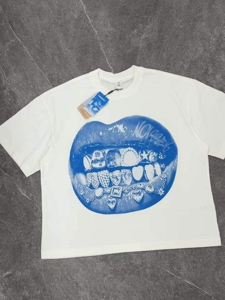 NOISSEY Blue Iced-Out Grillz Lips Graphic T-Shirt - White Boxy  Streetwear Tee