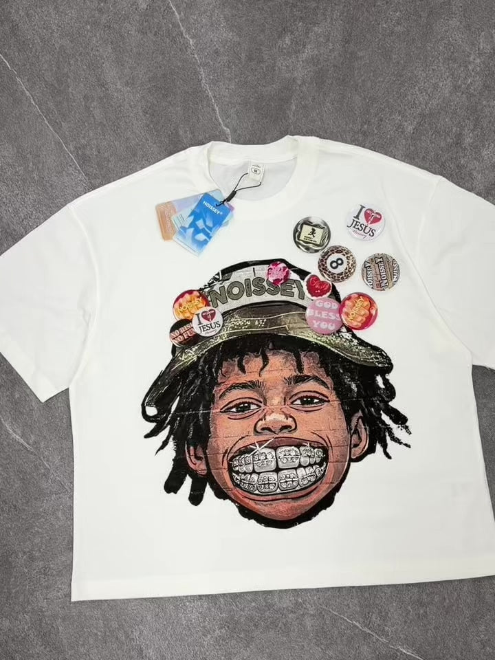NOISSEY Badge Bucket Hat Iced-Out Grillz Skater Kid Boxy Graphic Tee