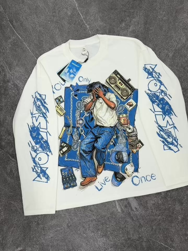 NOISSEY YOLO Blue Paisley Vintage Rap Sketch Graphic Long Sleeve - White / Black Boxy Streetwear Shirt