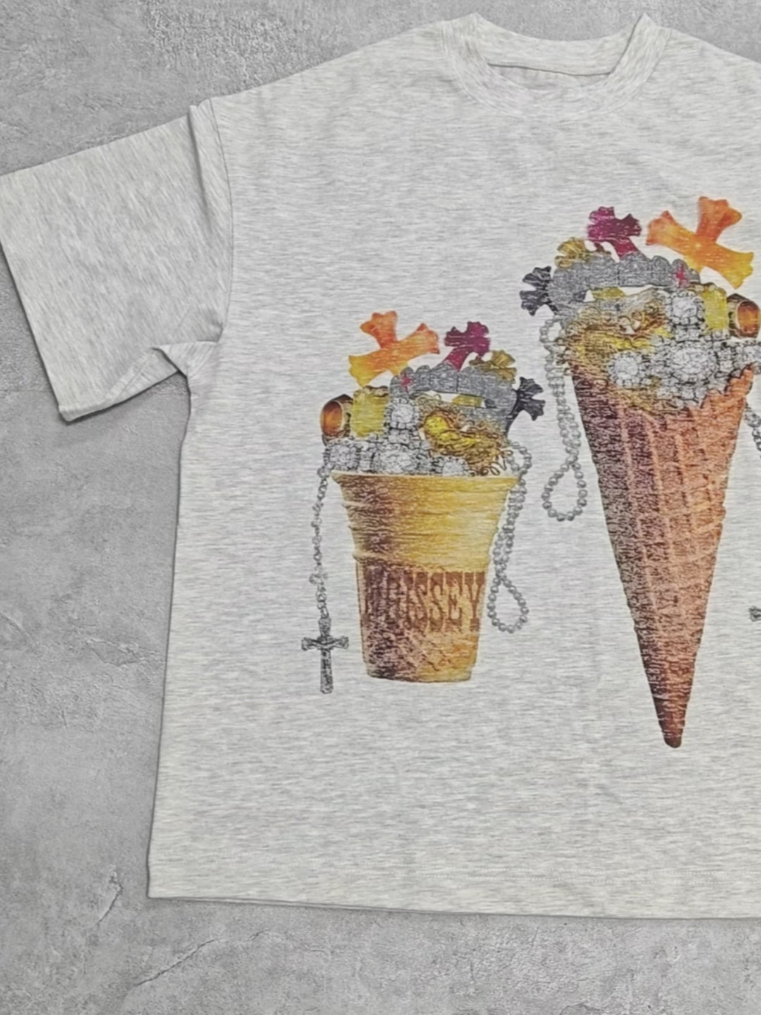 High Quality Vintage Diamond Cross Ice Cream Print 310g T-shirt GRAY