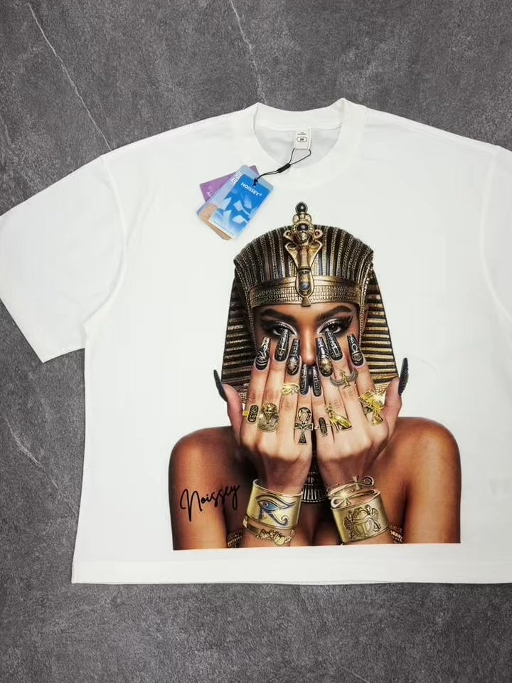 NOISSEY Ancient Egyptian Pharaoh & Cleopatra Graphic Tee - White Heavyweight Boxy Fit Streetwear Shirt