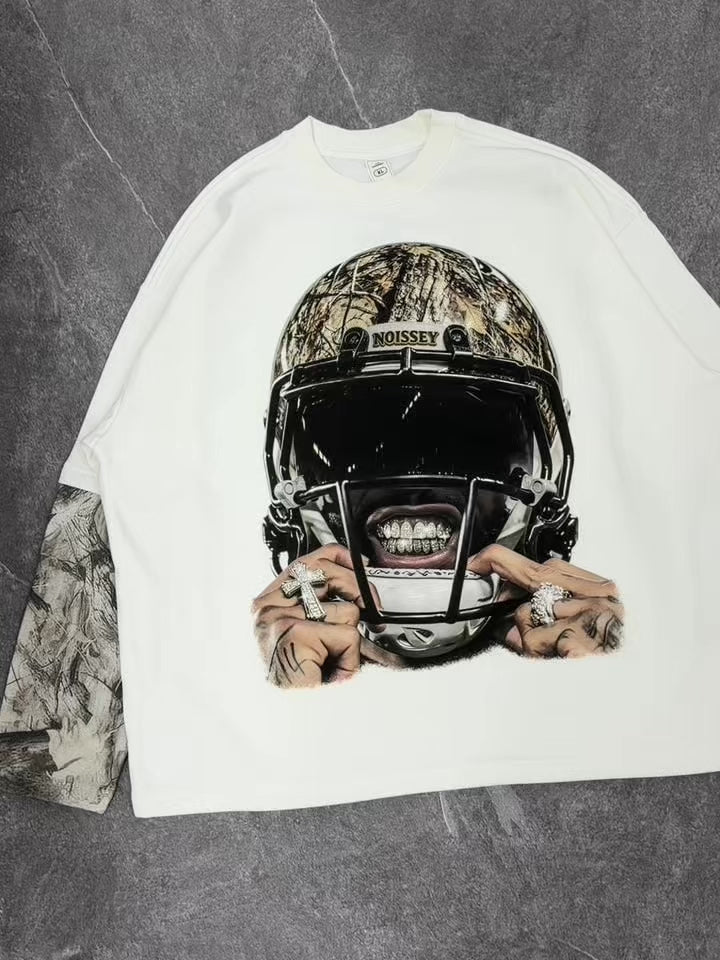 NOISSEY Camo Football Helmet Iced-Out Grillz Streetwear White Faux-Layer Long Sleeves