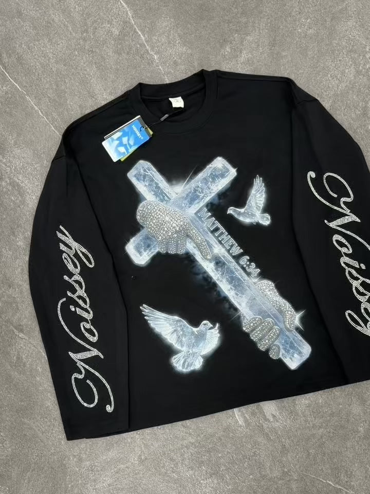 NOISSEY "Matthew 6:34" Crystal Cross & Diamond Hands Black Long Sleeve Tee