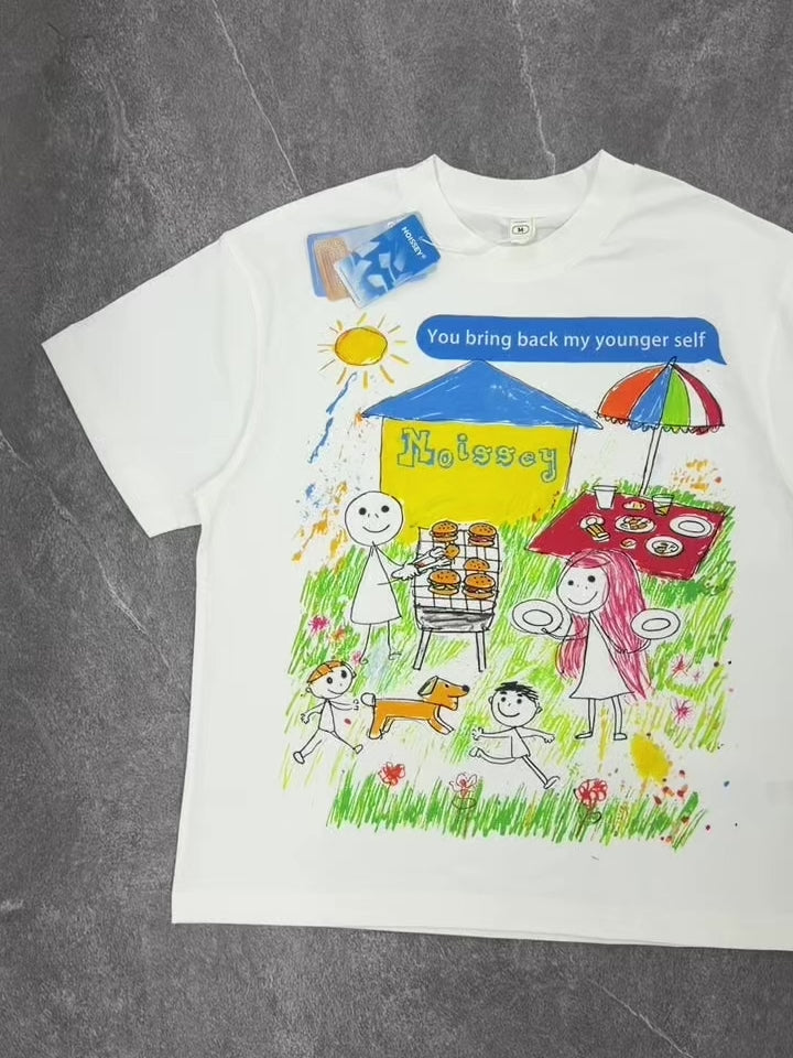 NOISSEY "Younger Self" Crayon Picnic Graphic Oversized Tee - Studio White