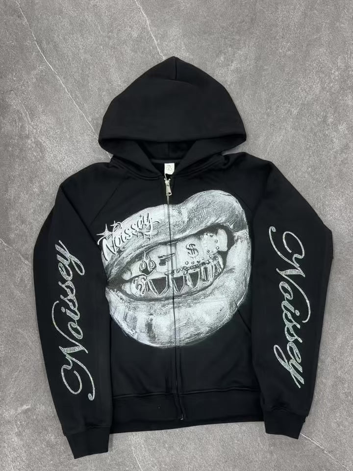NOISSEY Metallic Grillz Lips &amp; Rhinestone Sleeve Zip-Up Hoodie - Black Streetwear Hoodie
