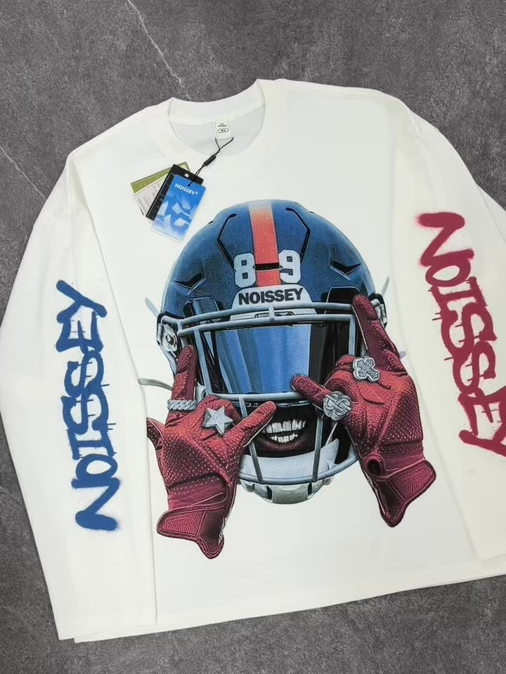 NOISSEY Red &amp; Blue Football Helmet Dual-Color Sleeve White Long Sleeve Shirt