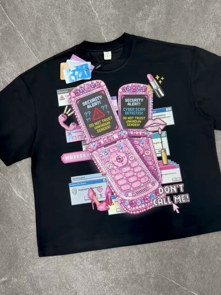 NOISSEY "Y2K Cyber Glitch" Pink Flip Phone Cropped Boxy T-Shirt - Black