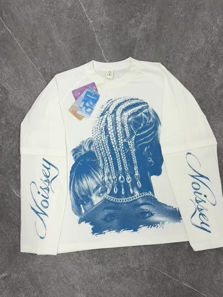 NOISSEY Blue Woodcut Couple Graphic Layered Long Sleeve Sweatshirt - White Oversized Streetwear Pullover