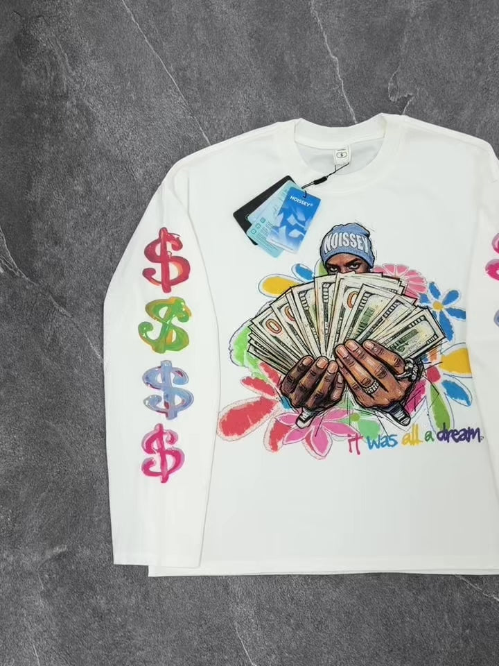 NOISSEY "It Was All A Dream" Hand-Drawn Cash Portrait & Graffiti Flowers Long Sleeve Tee Two Colors