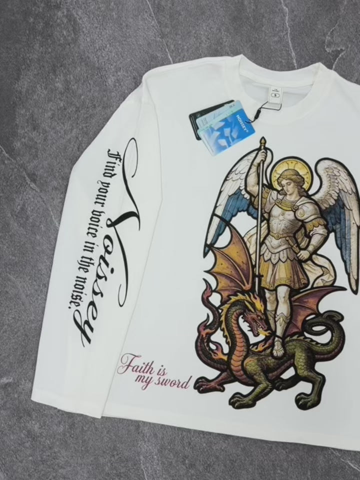 NOISSEY "Saint Michael" White Long-Sleeve - Gothic Graphic Tee