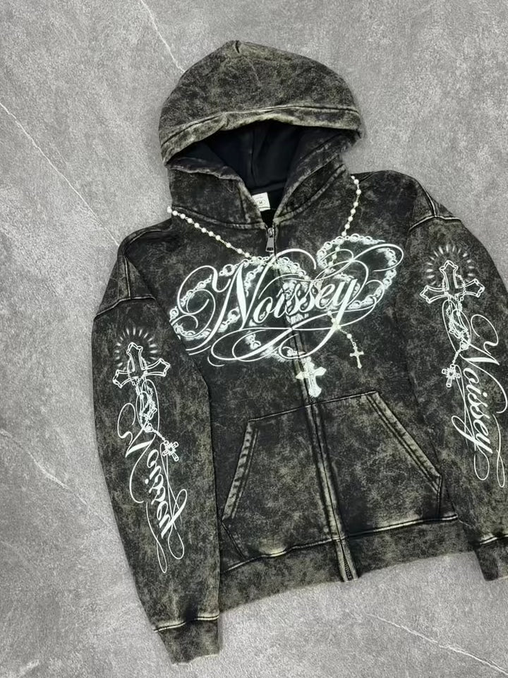 NOISSEY Vintage Washed Black Pearl Necklace Accessory & Printed Cross Zip-Up Hoodie