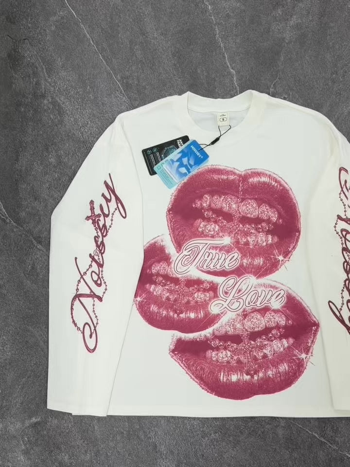 NOISSEY "True Love" Diamond Grillz & Cross Lips Graphic Long Sleeve Tee