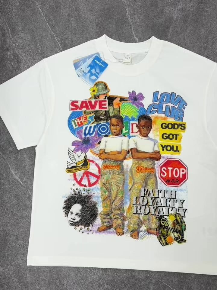 NOISSEY "Save The World" Peace Collage T-Shirt - Stop War & Faith Loyalty Graffiti Graphic Tee