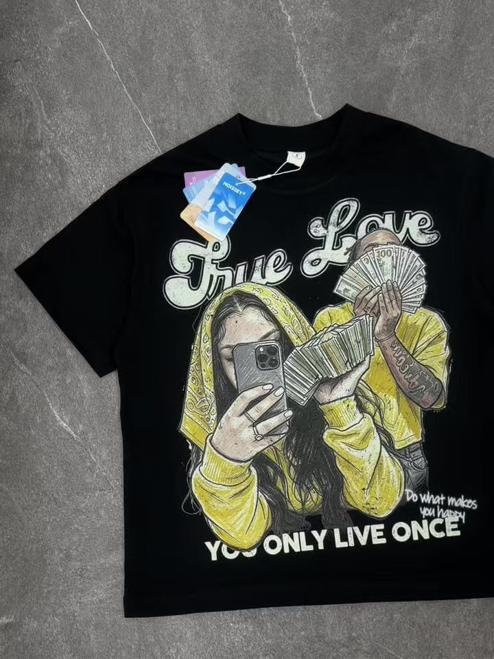 NOISSEY "True Love" Money Couple & YOLO Graphic Oversized Black T-Shirt