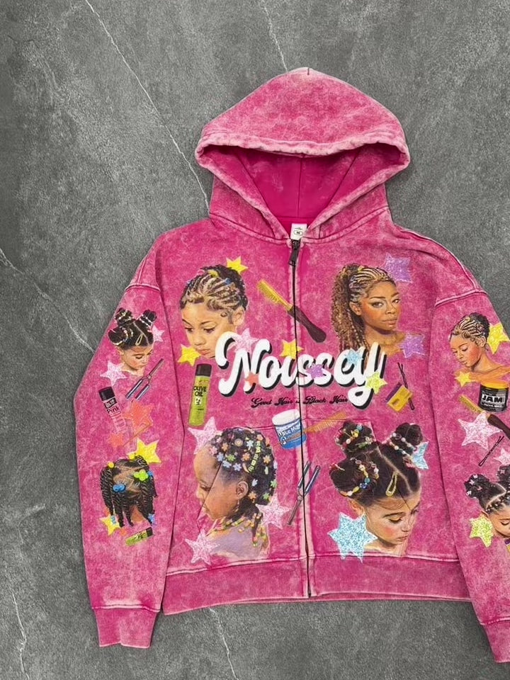 Sudadera con capucha y cremallera completa NOISSEY con diseño de cabello trenzado rosa lavado con ácido - Rosa lavado