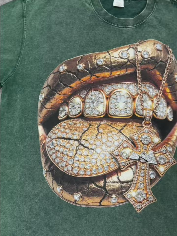 NOISSEY "Golden Cross" Washed Green Tee - Boxy Lip Print T-Shirt