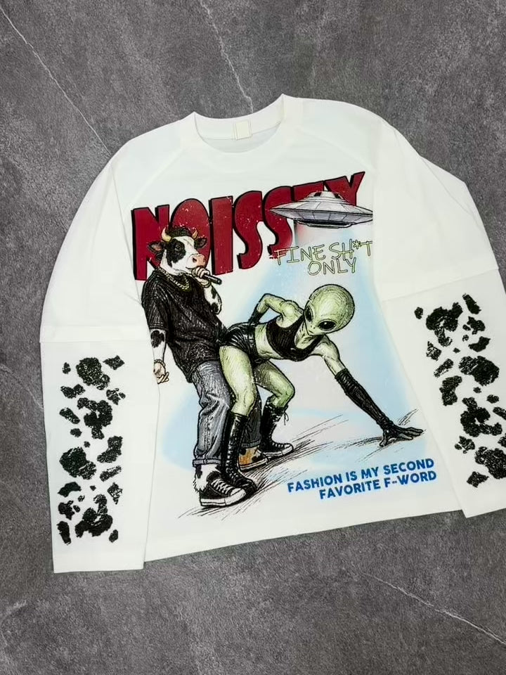 NOISSEY "Alien & Bull" Parody Graffiti Fake Two-Piece Long-Sleeve Tee
