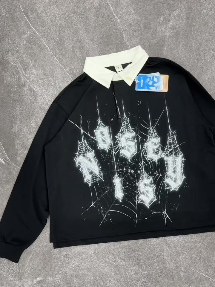 NOISSEY Diamond Spiderweb Graphic Long Sleeve Polo Sweatshirt - Pure Black
