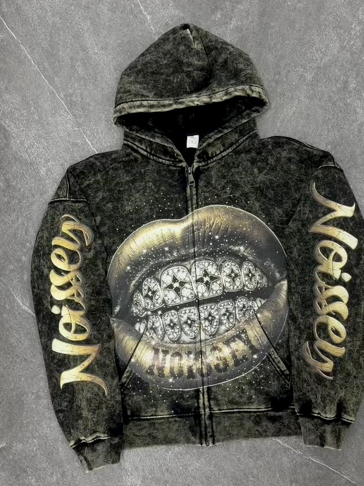 NOISSEY Golden Lips Washed Iced Out Zip-Up Hoodie - Streetwear Hoodie