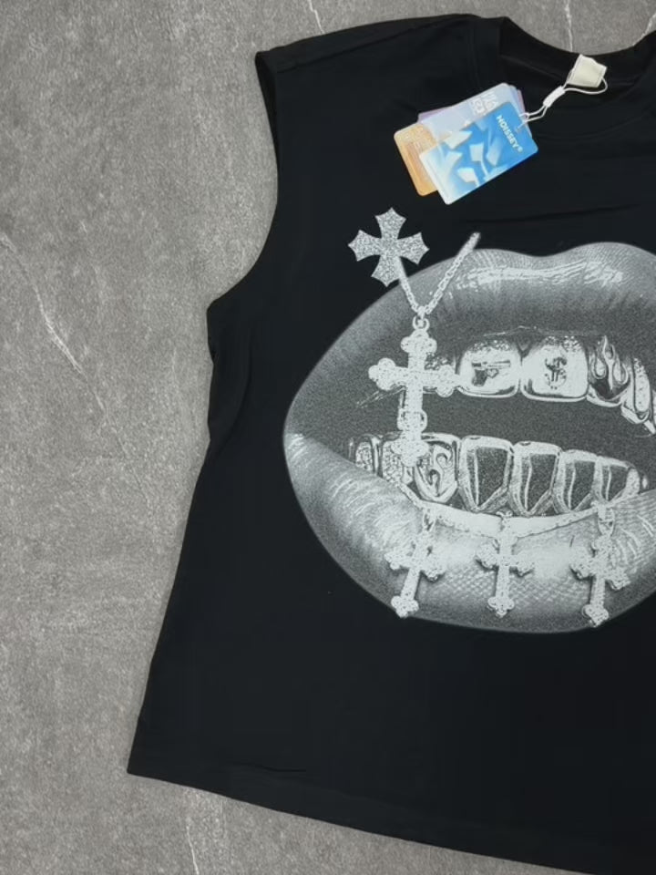 NOISSEY Cross Vintage Grills Black Print Tank Top