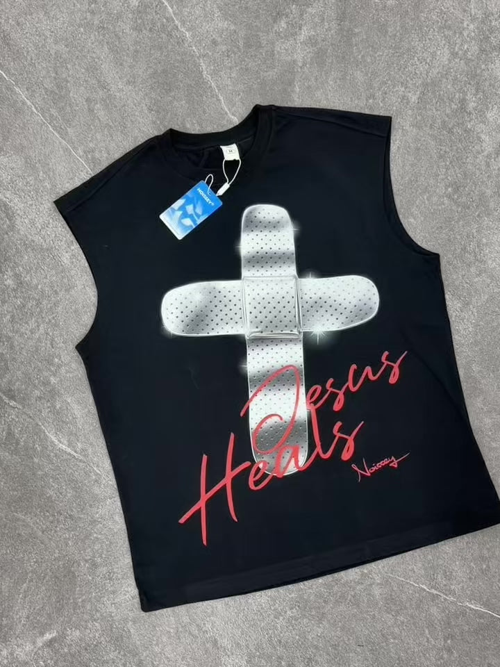 NOISSEY Metallic Bandage Cross Graphic Vest - Jet Black