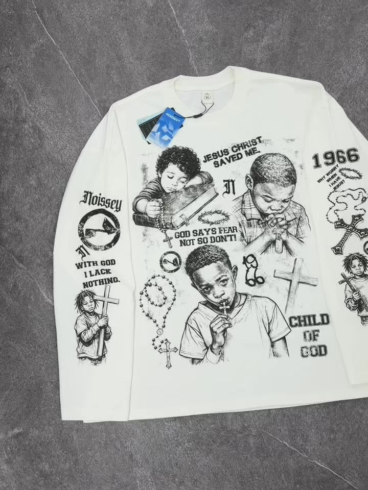 NOISSEY "Child of God" Praying Children Sketch Graphic Long-Sleeve Tee - Pure White
