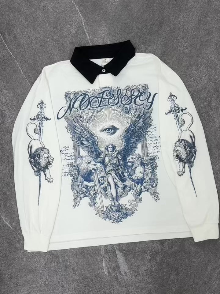 NOISSEY Archangel Michael Cyanotype Graphic Heavyweight Contrast Collar Polo Long Sleeves