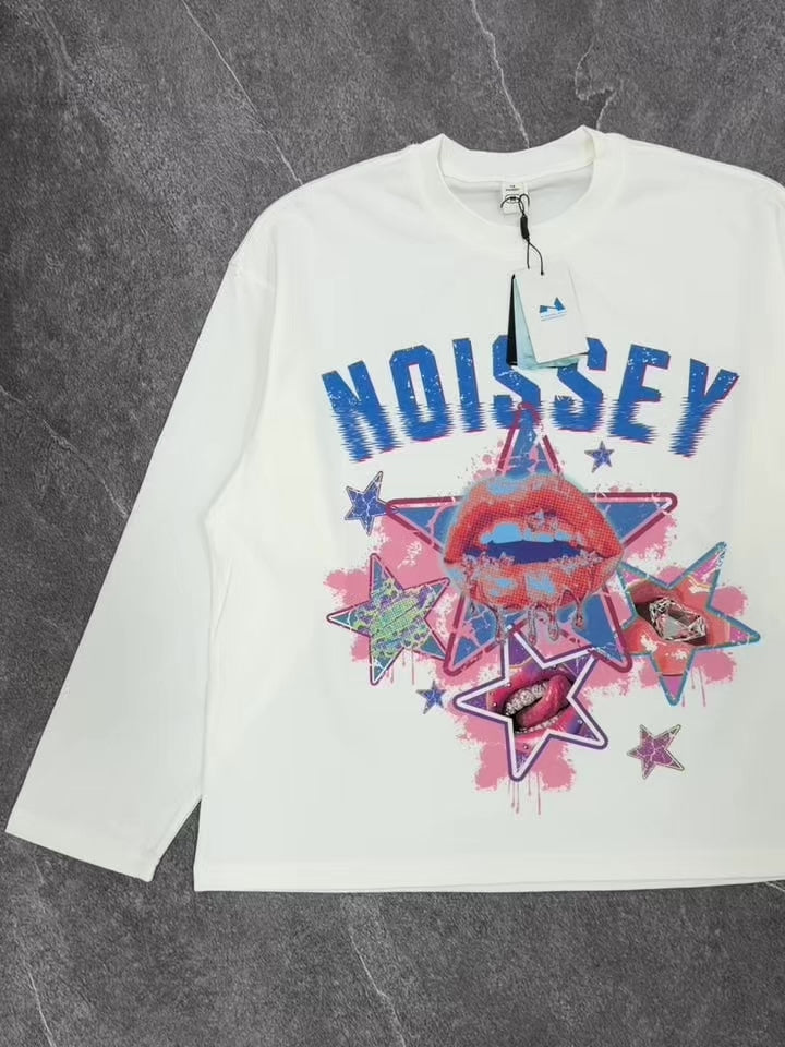 NOISSEY Y2K Vintage Grillz Lips & Star Collage Long-Sleeve Sweatshirt - Pure White