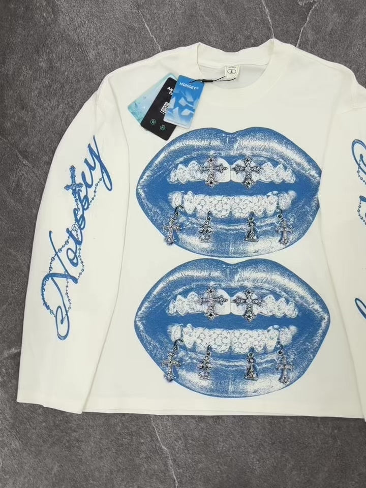 NOISSEY "Vintage Blue Lips" Double Lips & Chrome Cross Graphic Long Sleeve Tee