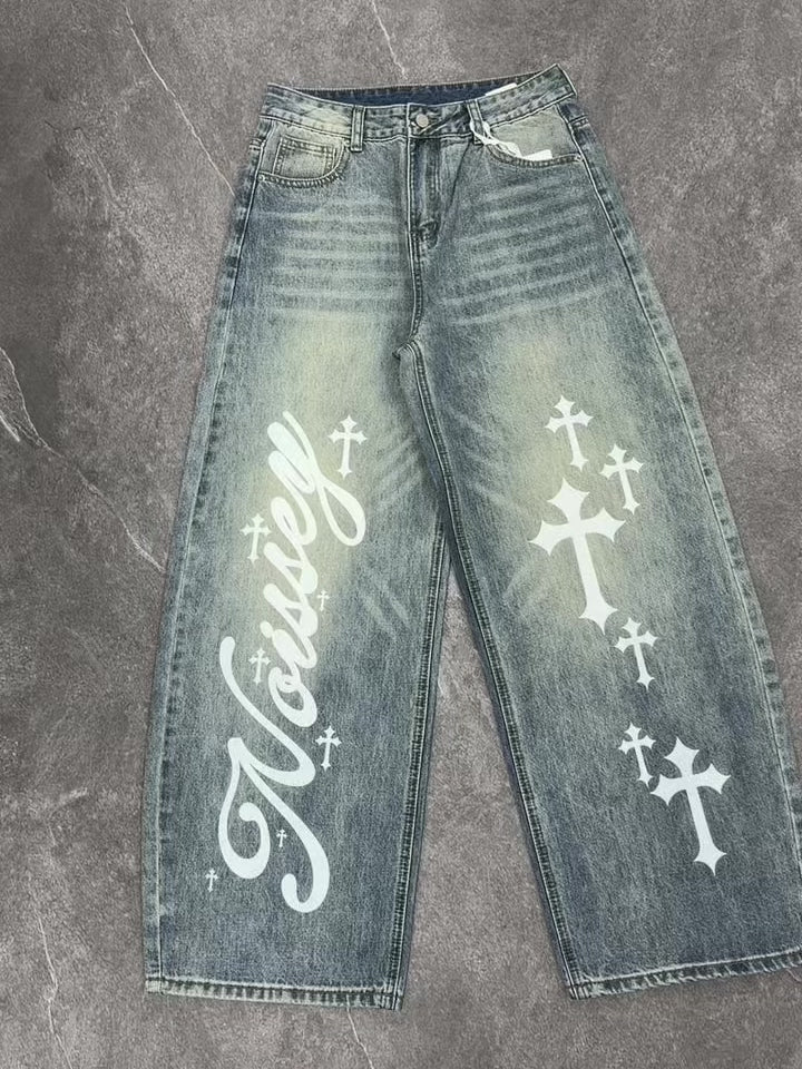 NOISSEY Vintage Washed Blue Cross Cursive Scythe Wide-Leg Jeans