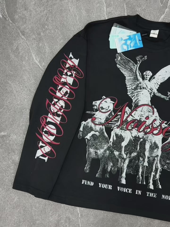 NOISSEY Distressed Victory Goddess Chariot Long Sleeve Shirt - Black