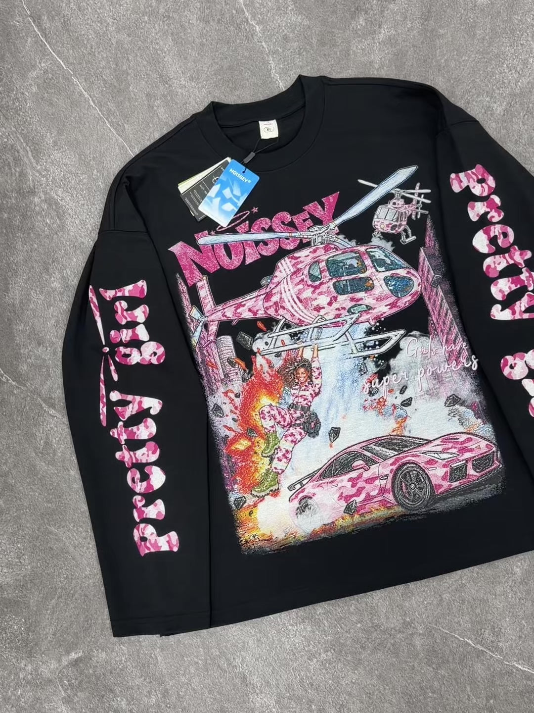 NOISSEY "Pretty Girl Superpowers" Pink Camo Rescue & Crayon Graffiti Black Crewneck Long Sleeve Shirt