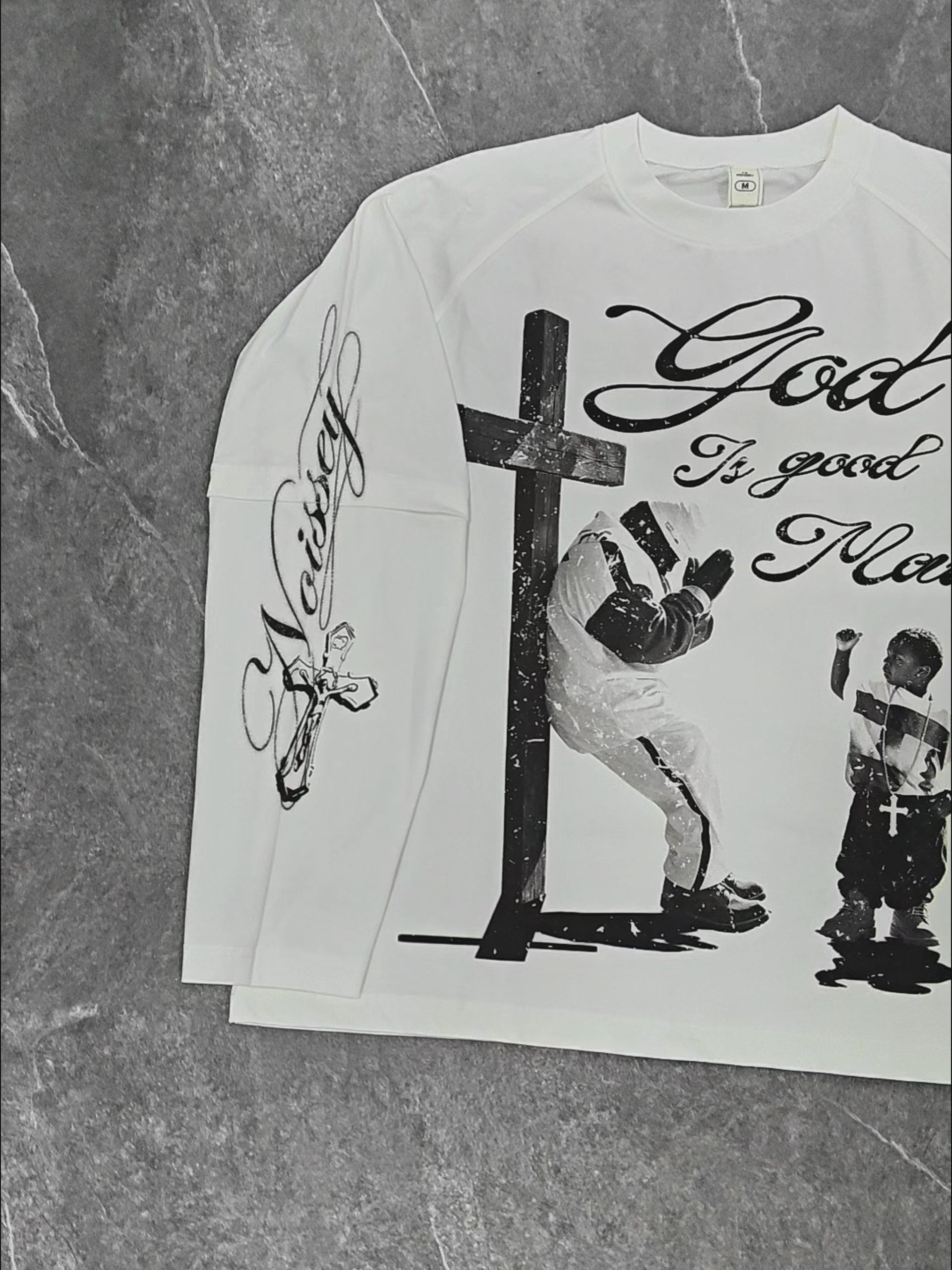 NOISSEY "God Is Good Man" Faith Theme White Faux-Layer Long Sleeves