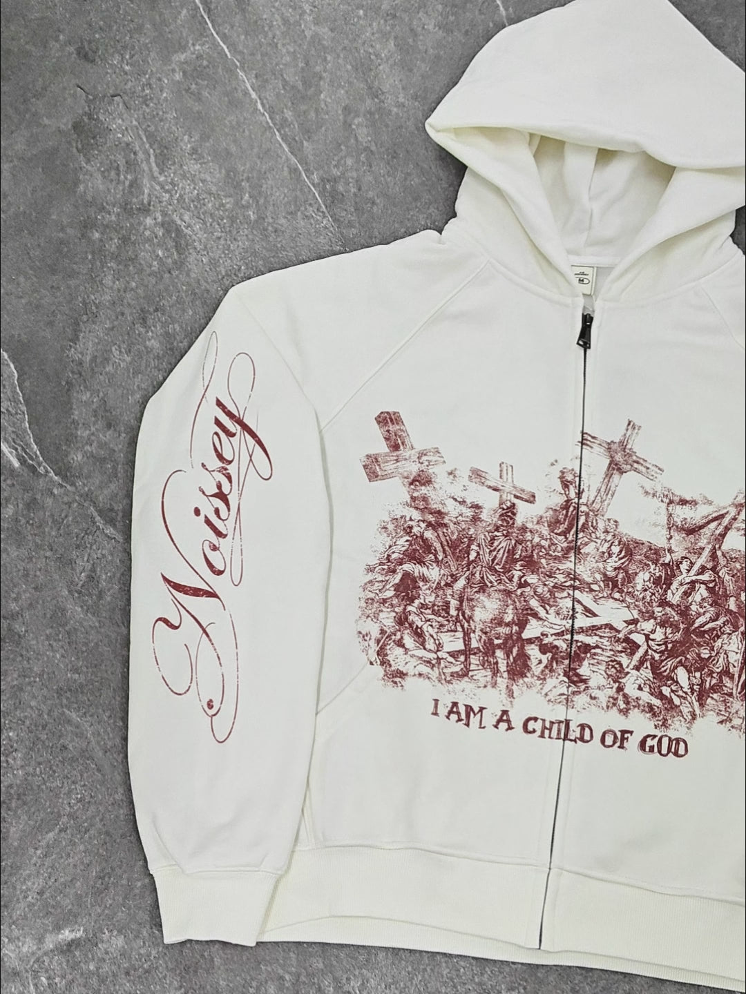 NOISSEY "Red Pilgrimage Cross" Printmaking Full-Zip Hoodie - White