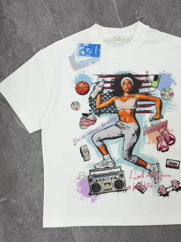 Camiseta extragrande NOISSEY con gráfico retro de chica fitness y radiocasete - Blanco puro