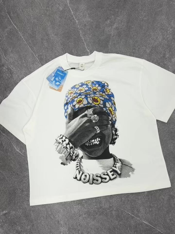 NOISSEY Blue Flower Bandana Kid Gold Grillz Boxy Graphic Tee - White Streetwear Shirt