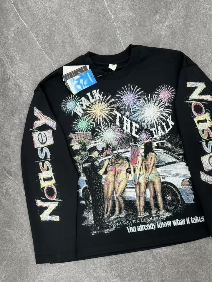 NOISSEY "WALK THE TALK" Party Police & Fireworks Crayon Graffiti Black Long Sleeve Tee